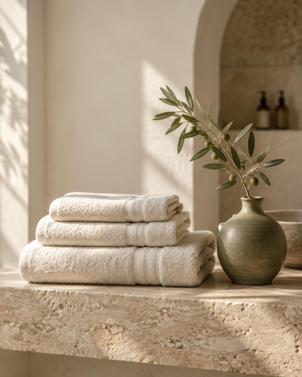 Folded cream linens and a sage-olive vase with an olive branch, lit by soft morning light